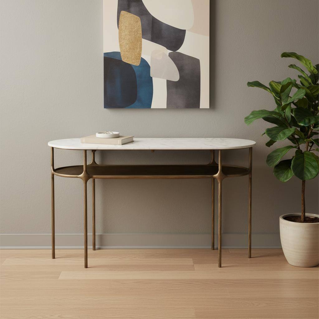 HomeRoots 50" White and Brass Genuine Marble and Iron Oval Six Leg Console Table With Shelf - 50.00 in. x 28.30 in. x 19.00 in.