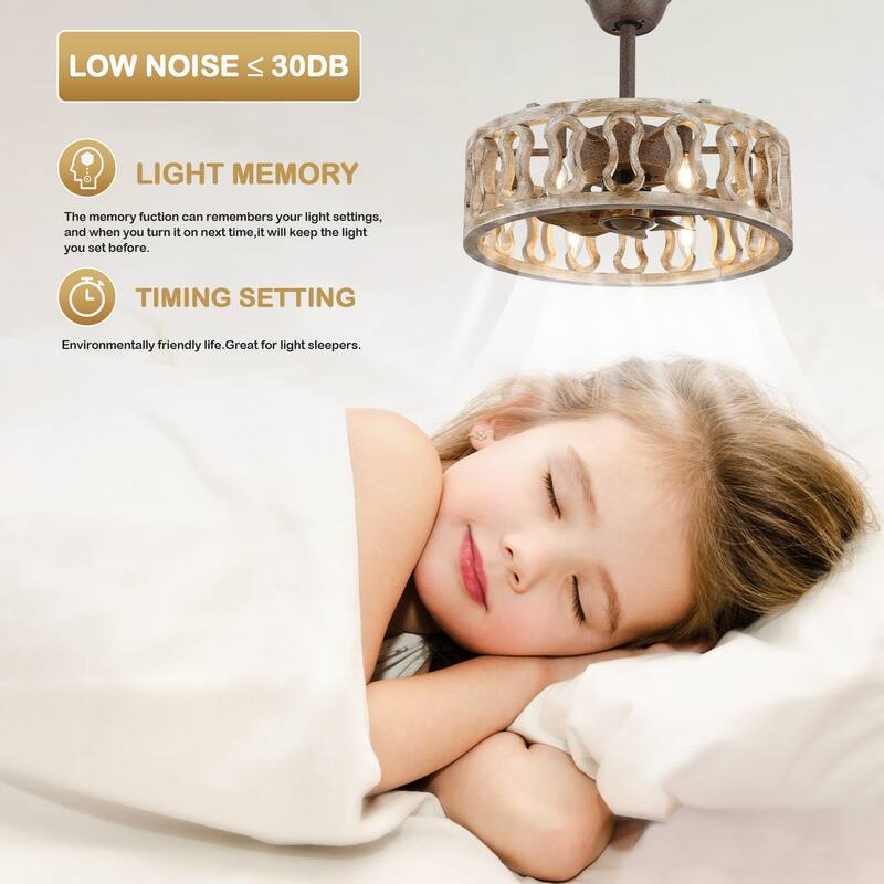 18 Inch Vintage Farmhouse Caged Ceiling Fan with Lights and Remote, 6-Speed Reversible Bladeless Ceiling Fan Fandelier - 18"