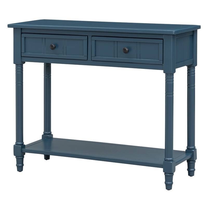 Narrow Console Table, Traditional Pine Wood Design with 2 Drawers and Bottom Shelf for Living Spaces