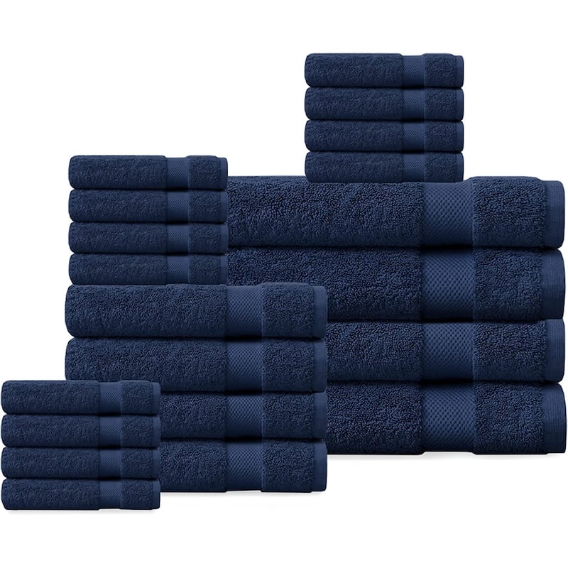 Delara Organic Cotton Luxuriously Plush Bath Towel 20 Piece Set |GOTS & OEKO-TEX Certified |650 GSM Long Staple|Soft & Quick Dry - Navy Blue