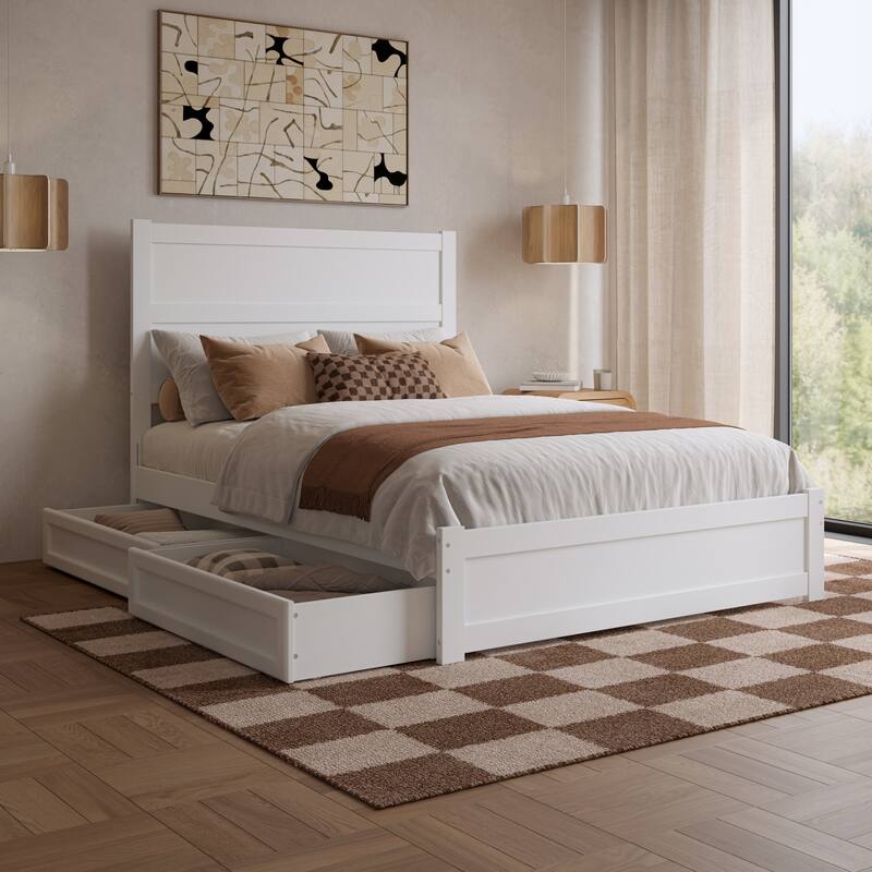 Aveline Wood Platform Bed with Matching Footboard & Storage Drawers - Full - White