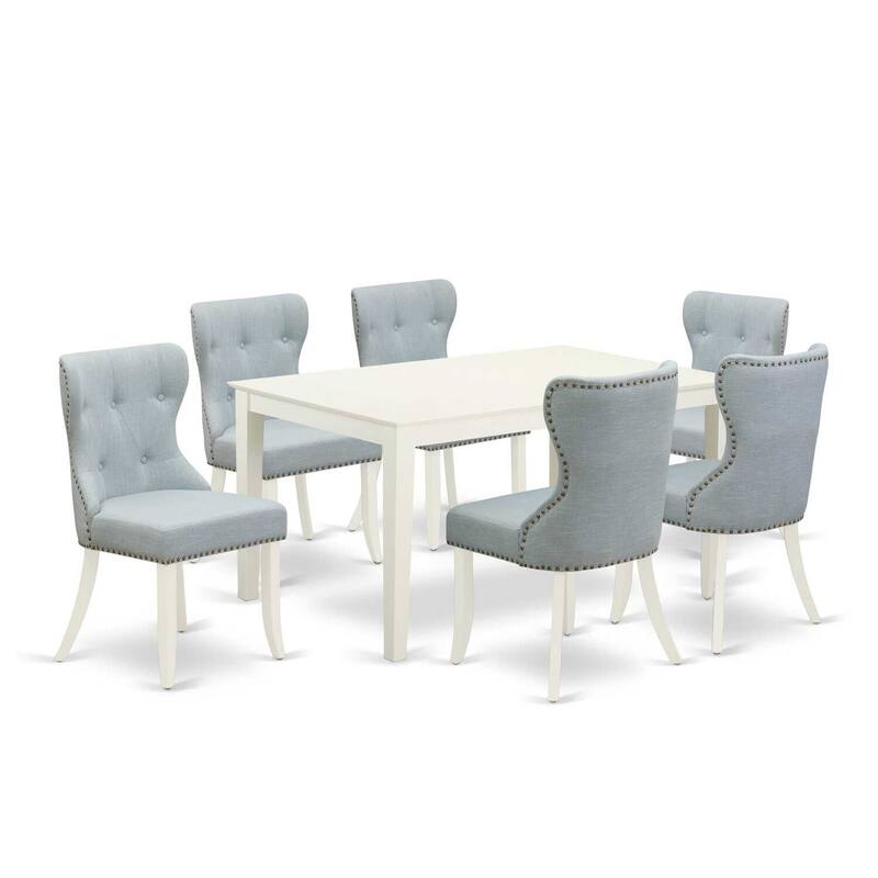 HomeStock 7-Piece Linen White Finish Solid Wood Top Dining Table with 6 Chairs with Lattice Back