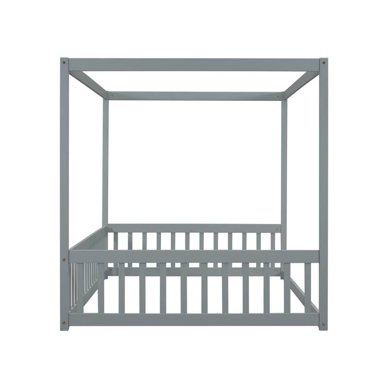 Pine Wood Canopy Frame Floor Bed with Fence and Guardrails for Bedroom