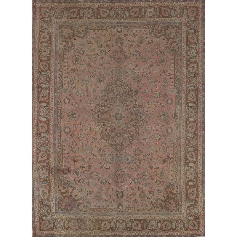 Traditional Pink Mashad Persian Vintage Rug Hand-Knotted Wool Carpet - 8'0"x 10'10"