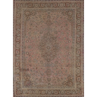 Traditional Pink Mashad Persian Vintage Rug Hand-Knotted Wool Carpet - 8'0"x 10'10"