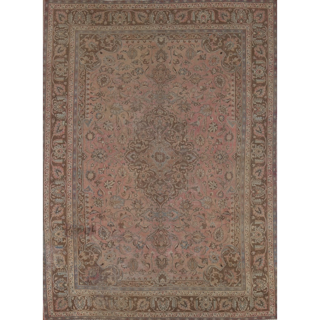 Traditional Pink Mashad Persian Vintage Rug Hand-Knotted Wool Carpet - 8'0"x 10'10"