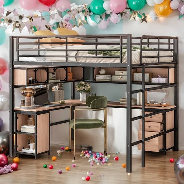 slide 2 of 16, Multi-Functional Design Metal Full Loft Bed with Bookcase, Desk and Cabinet, High-quality Material and Solid Construction, Black Black