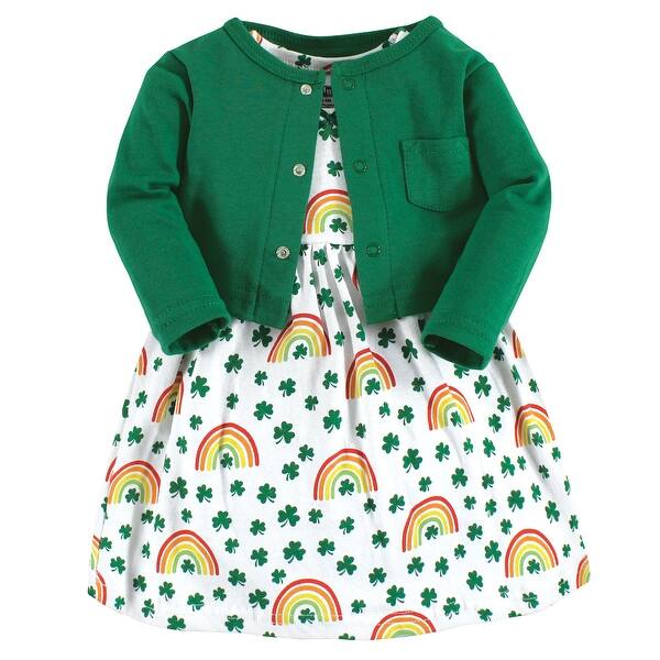 slide 1 of 1, Hudson Baby Infant and Baby Girl Cotton Dress and Cardigan Set, St Patricks Rainbow 0-3 Months - St Patricks Rainbow