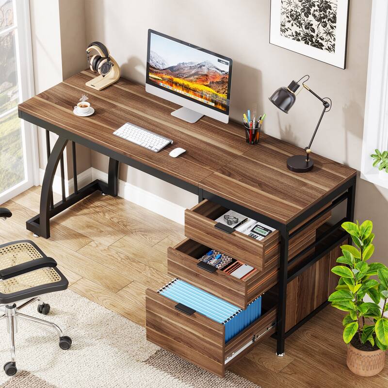 59 Inch Computer Desk with 3 Drawers, Industrial PC Desk Study Writing Table Workstation with File Storage, Home Office Desks - Brown