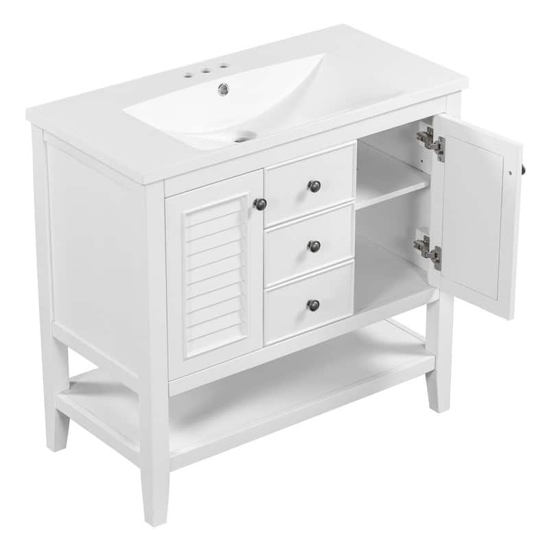 36" Bathroom Vanity with/without Sink, Bathroom Vanity Cabinet with 2 Cabinets and Drawers, Open Shelf, Solid Wood Frame