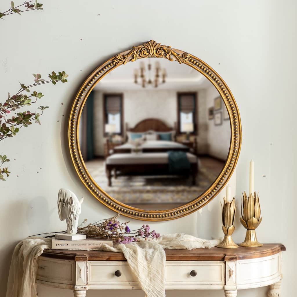 Round Metal Frame Wall Mirror Gold Soild Wood