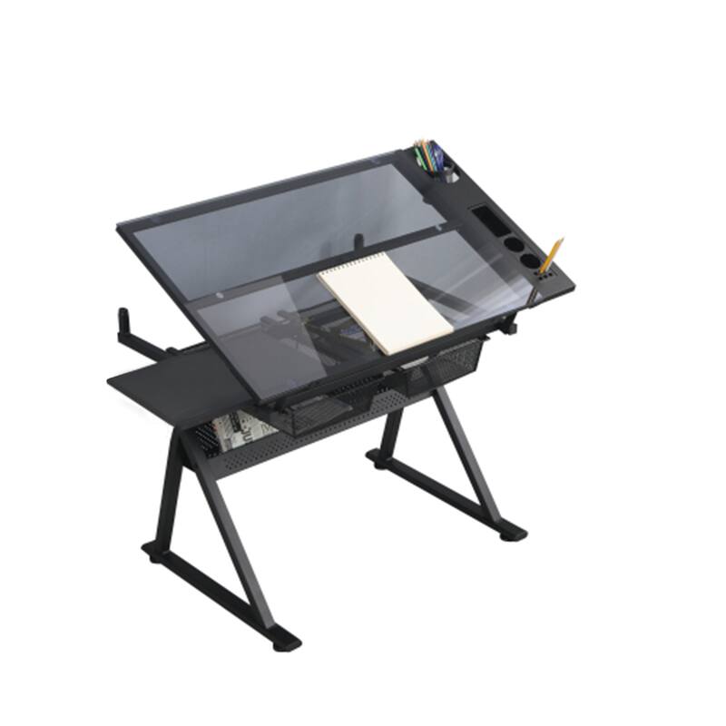 Drafting Table, 0-75° Adjustable Glass Top Artist Table, Height Adjustable Drafting Desk with Large Storage for Painting
