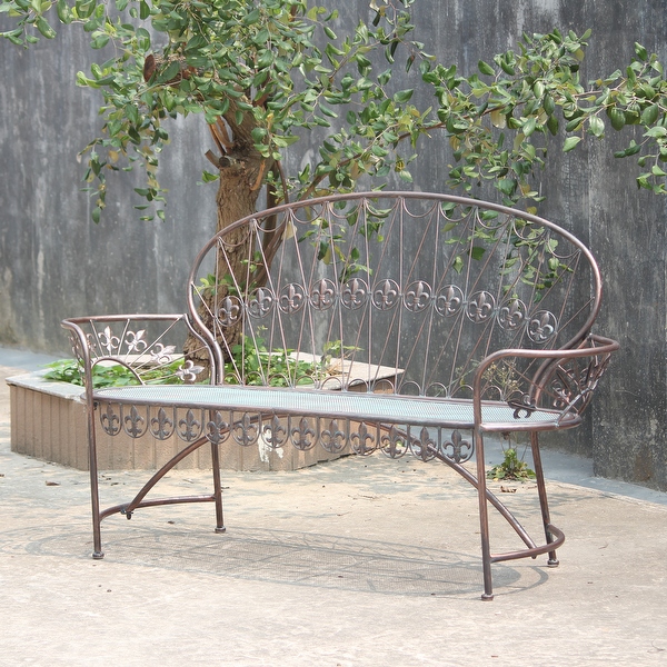 Image of Wrought iron patio bench with curved back
