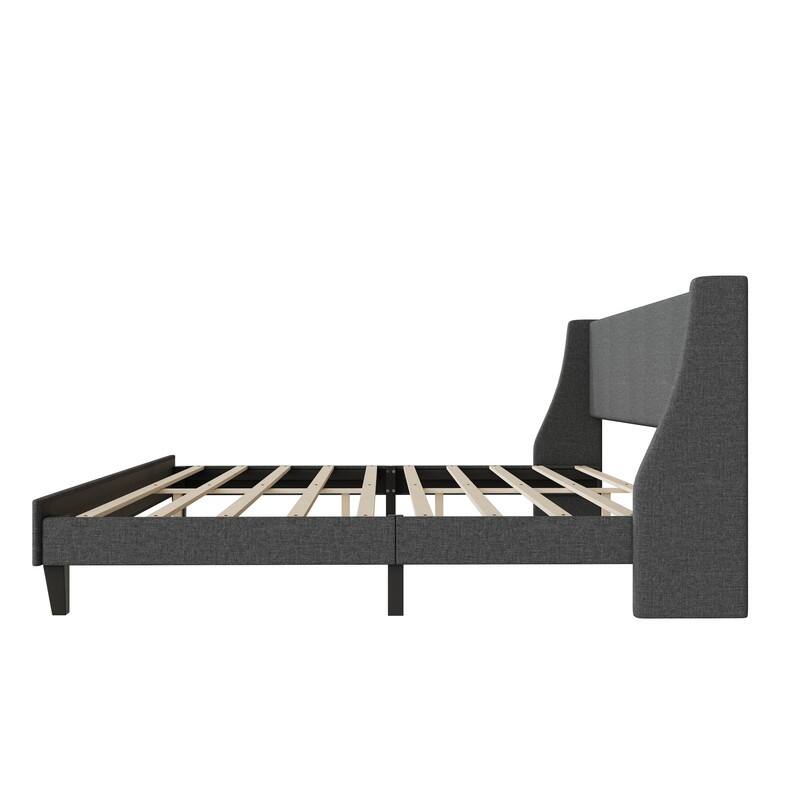 Dark Gray Wood King Size Bed Frame Upholstered Platform Bed with