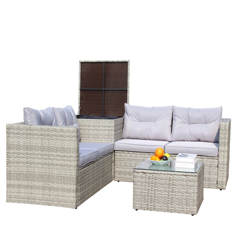 4 Pcs Patio Furniture Set, All Weather Outdoor Conversation Set, Wicker Rattan Sectional Sofa Set with Storage Box and Table