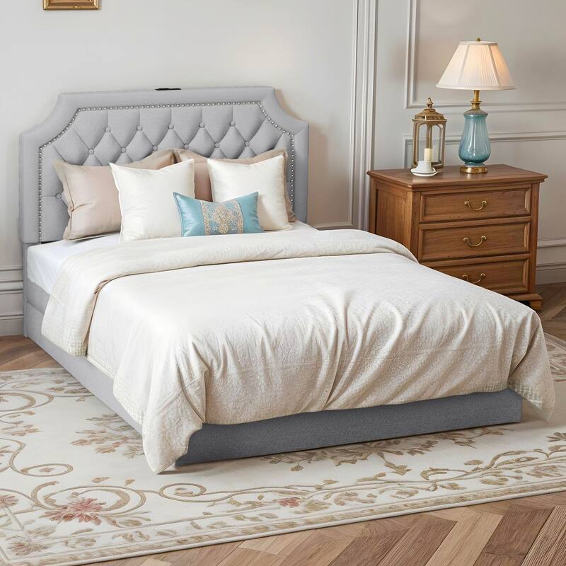 Moasis Velvet/Linen Upholstered Bedframe with Adjustable Headboard and 4 Storage Drawers - Linen Grey - Full