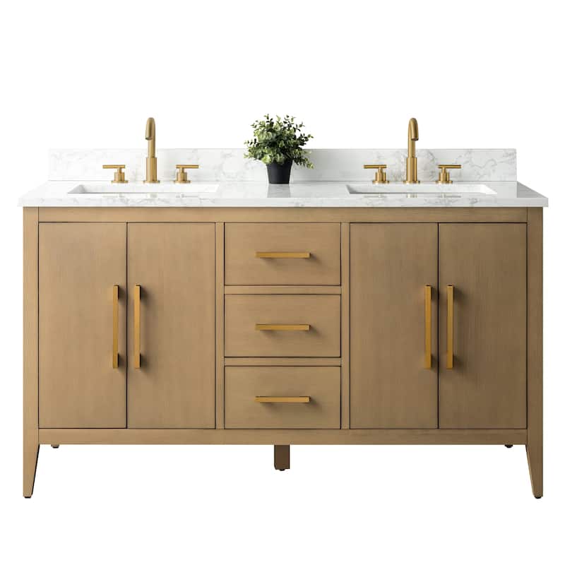 Vanity Art 60" Double Sink Bathroom Vanity Cabinet with Engineered Marble Top