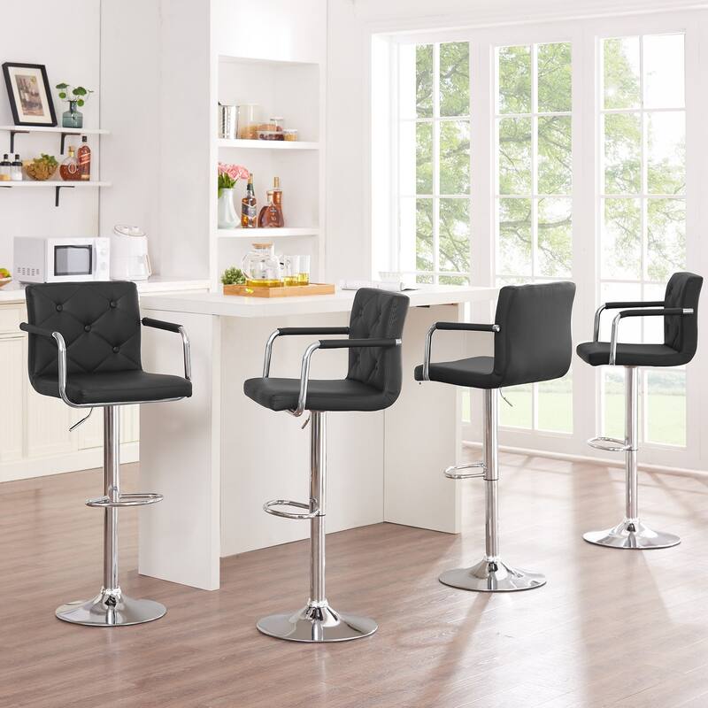 VECELO Height Adjustable Bar Stools Set of 4 Swivel PU Leather Barstool with Back and Arms for Kitchen Island - Black