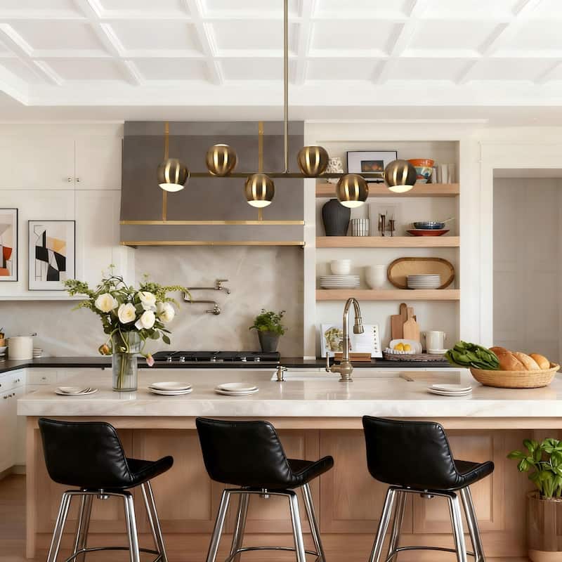 Modern 6-Light Gold LED Chandelier Metal Linear Island Lights for Dining Room