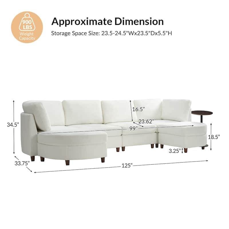 Mattia 125" Modern Under-seat Storage Sectional Sofa with Round Table and Solid Wood Legs by HULALA HOME