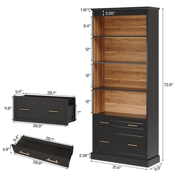 dimension image slide 1 of 2, 5-tier Tall Modern Wood Bookcase Bookshelf with File Cabinet Drawer