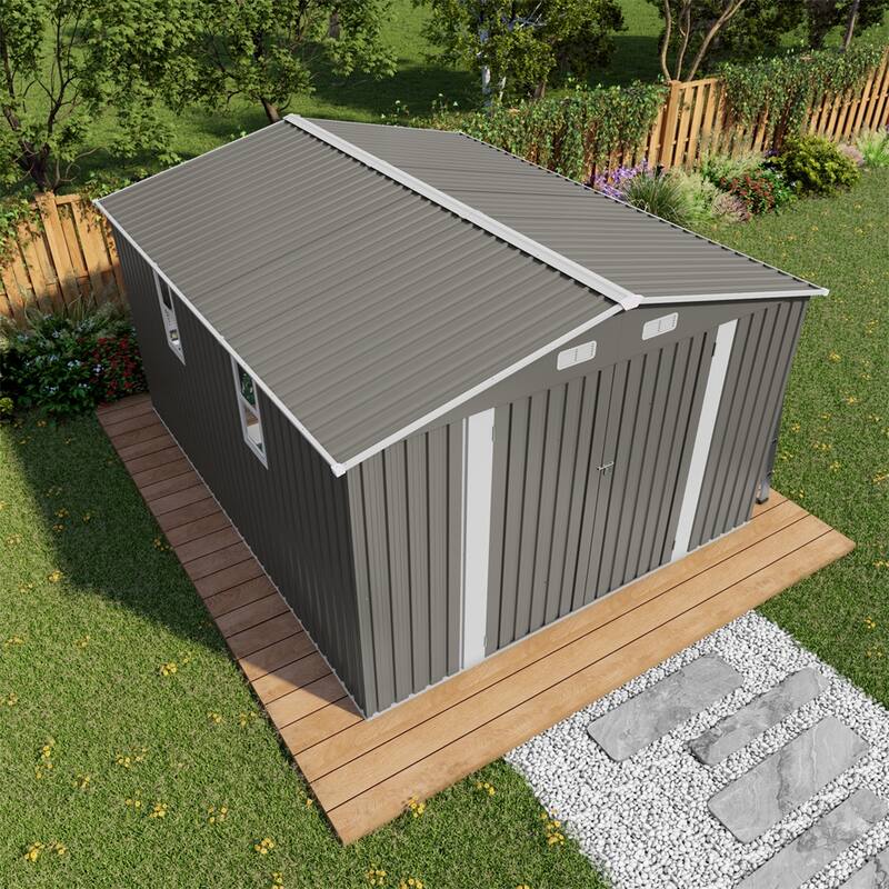 10x12FT Outdoor Storage Shed Large Metal Garden Shed with Double Door