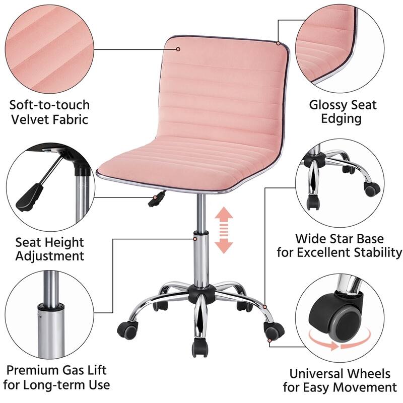 Yaheetech Velvet Low Back Armless Desk Chair Office Chair with Wheels - 19″ L × 19″ W × (31-37)″ H