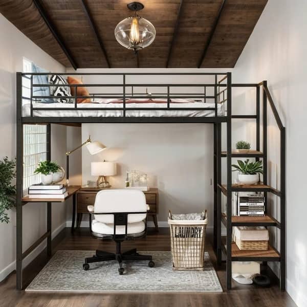 slide 2 of 9, Full Size Metal Loft Bed with Desk and Metal Grid, Stylish Metal Frame Bed with Lateral Storage Ladder and Wardrobe Black