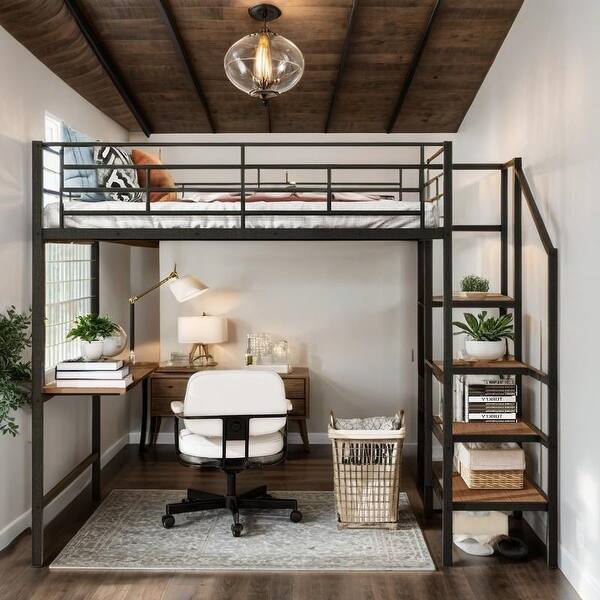 Artsy Full Size Metal Loft Bed with Desk and Metal Grid, Stylish Metal Frame Bed with Lateral Storage Ladder and Wardrobe, White