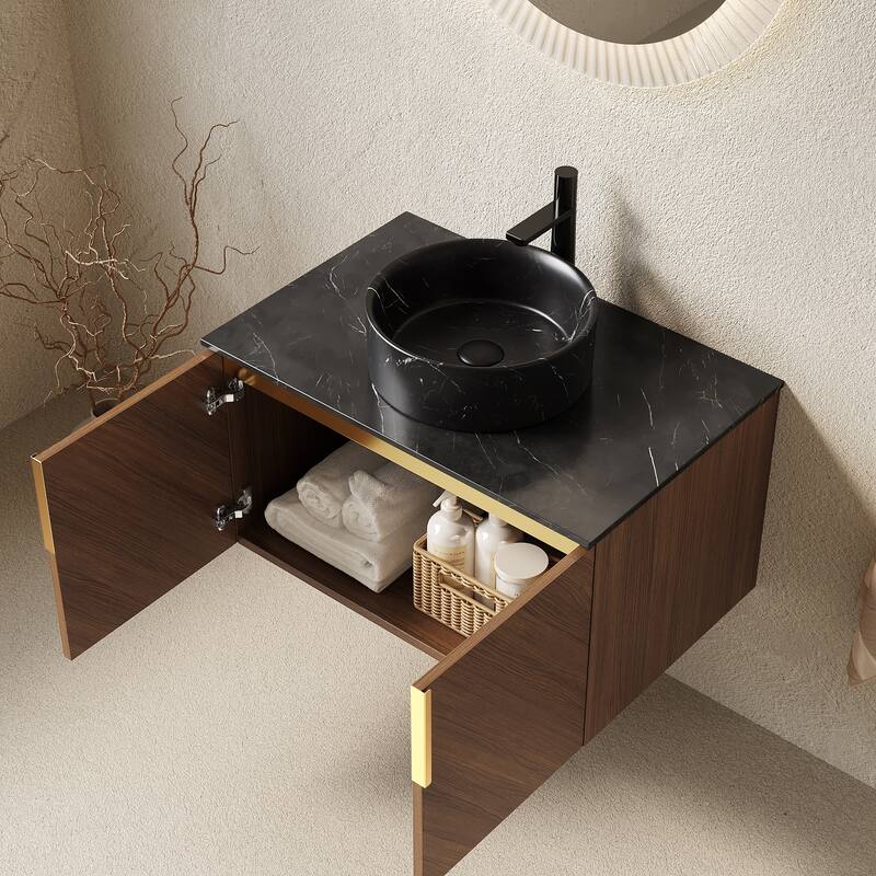 30" Bathroom Vanity Sink, Floating Plywood Bathroom Storage Cabinet with 2 Doors, Sintered Stone Countertop Round Ceramic Basin