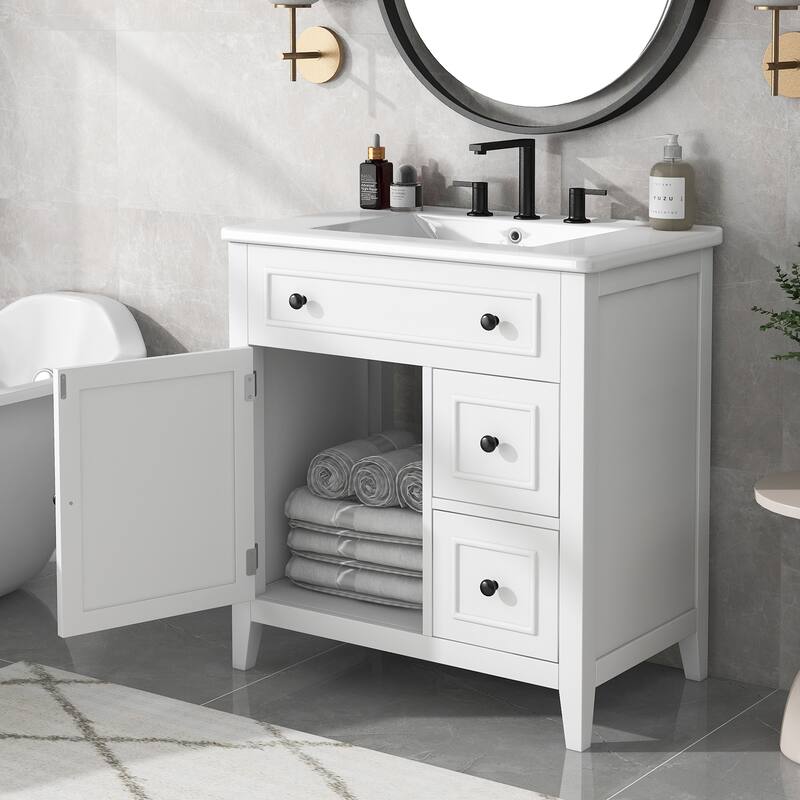 30" Bathroom Vanity with Sink Top, Bathroom Vanity Cabinet with Door and Two Drawers, Solid Wood Frame, One Package - White