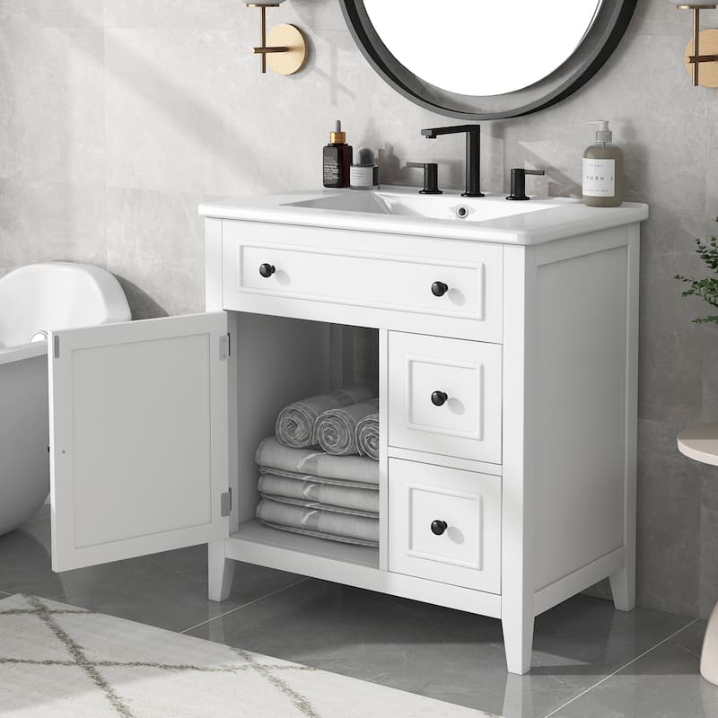 30" Bathroom Vanity with Sink Top, Bathroom Vanity Cabinet with Door and Two Drawers, Solid Wood - White
