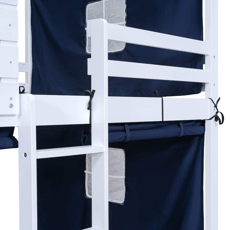 Blue Full Size Solid Wood House Bunk Bed with Tent, Ladder, and Fence