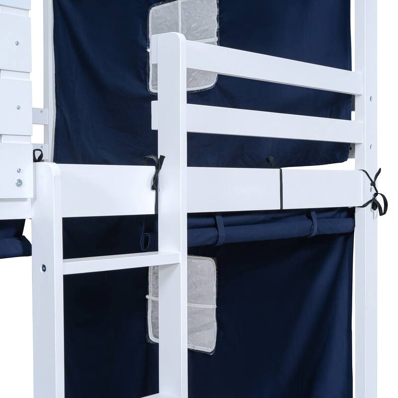 Blue Full Size Solid Wood House Bunk Bed with Tent, Ladder and Fence for Kids, Bedroom