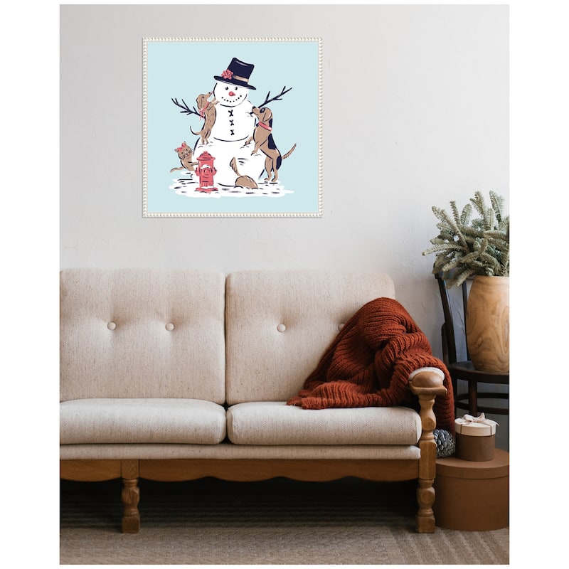 Kate and Laurel Sylvie Beaded Snowman Dogs Cat Framed Canvas by Krissy Mast