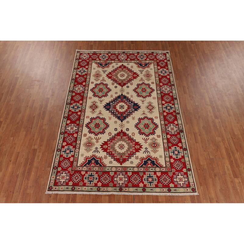 Ivory Kazak Oriental Area Rug Hand-Knotted Wool Carpet - 6'7" x 9'8"