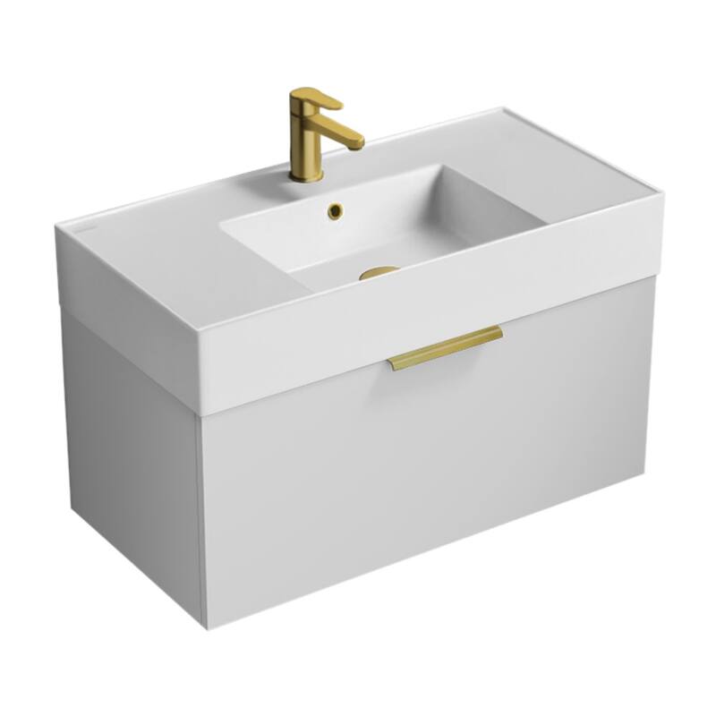 Nameeks Derin-3217-W-S Derin 32" Wall Mounted Single Basin Vanity Set - Gloss White / Matte Gold