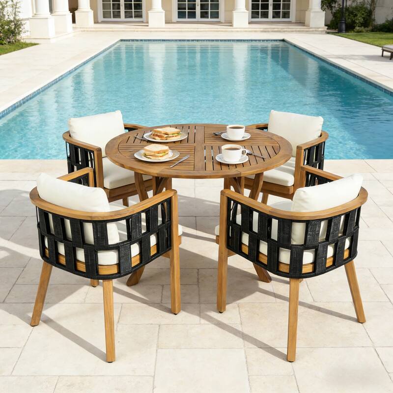 Christopher Knight Home - Modern 5-Piece Outdoor Patio Dining Set with Woven Rope Acacia Chairs and Curved Leg Dining Table