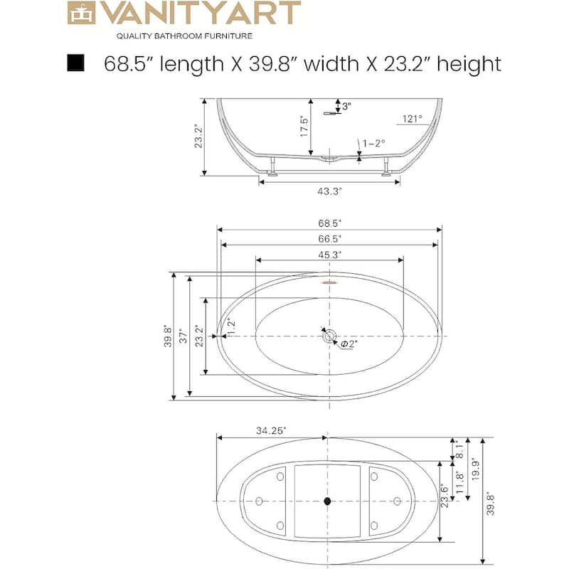 Vanity Art 69" Freestanding Acrylic Soaking Bathtub with Slotted Overflow & Pop-up Drain