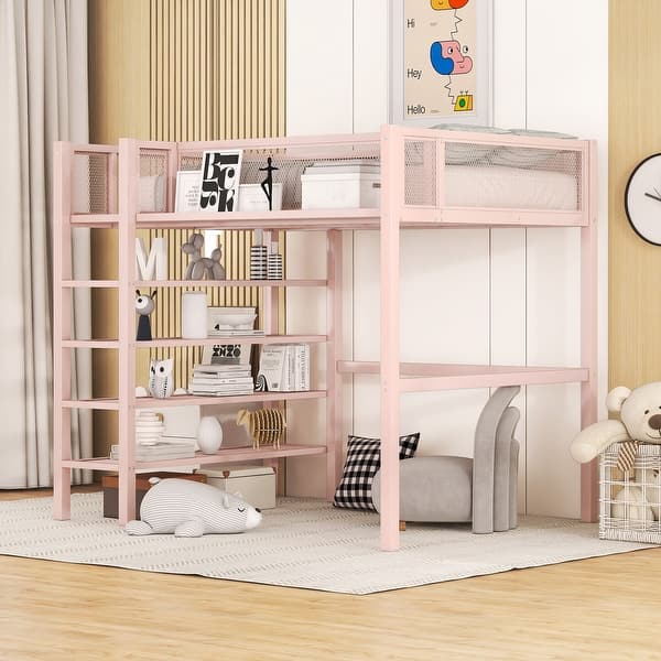 slide 2 of 9, Twin Size Metal Loft Bed with 4-Tier Shelves and Storage,Metal Loft Bed With Storage Space,Modern Style,Pink Black