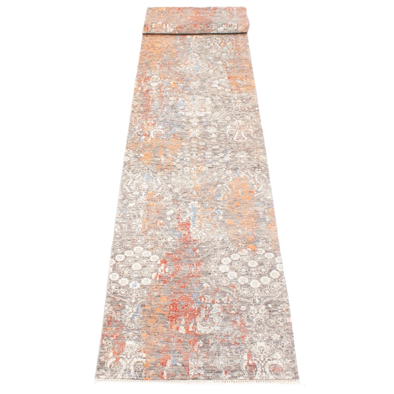 ECARPETGALLERY Hand-knotted Heritage Grey Silk, Wool Rug - 2' 7" x 13' 11"