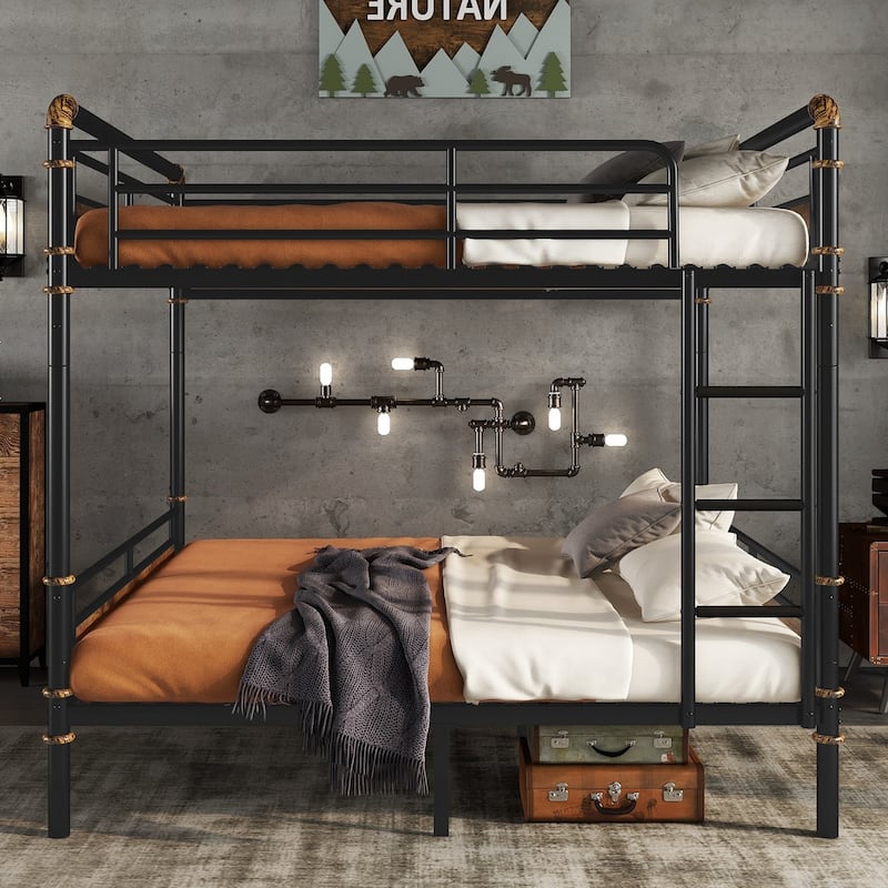 Metal Bunk Bed with Safety Guardrail Ladder and 8.1" Under Bed Storage, Vintage Wood and Gold Painting Detachable Bunk Bed