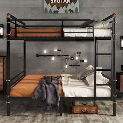 Queen Over Queen Metal Bunk Bed with Ladder & Safety Guardrails for Teens Bedroom, Heavy Duty Bunkbeds Detachable Design, Black