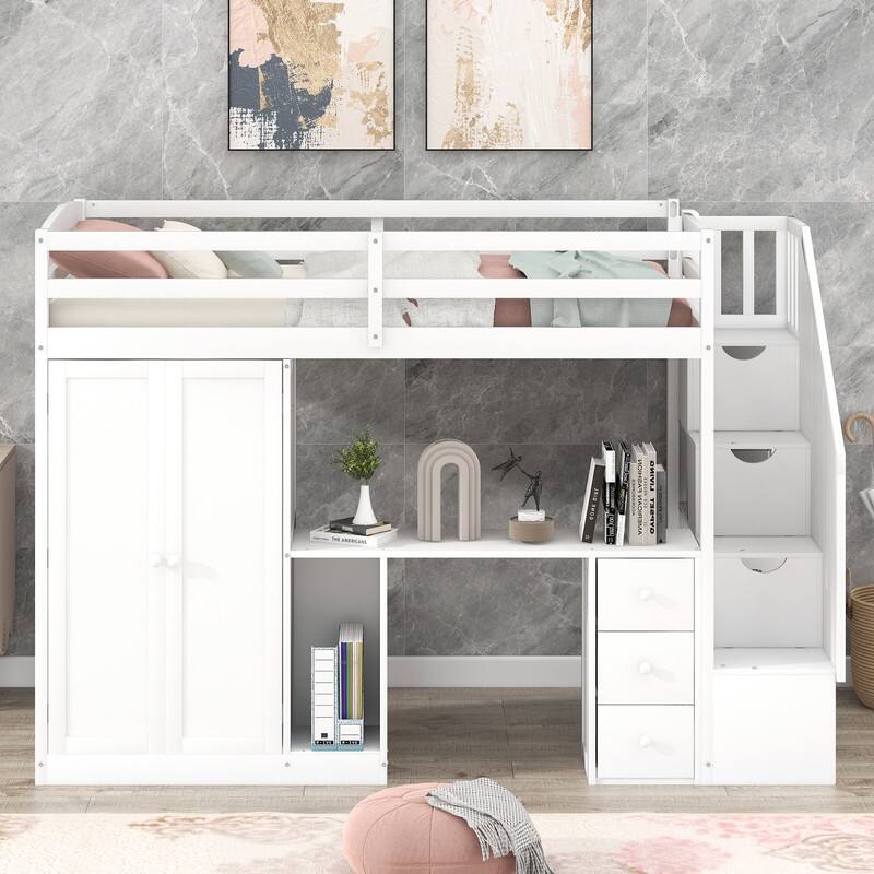 Twin Size Wooden Loft Bed with Wardrobe and Staircase, Desk and Storage Drawers and Cabinet in 1 - White