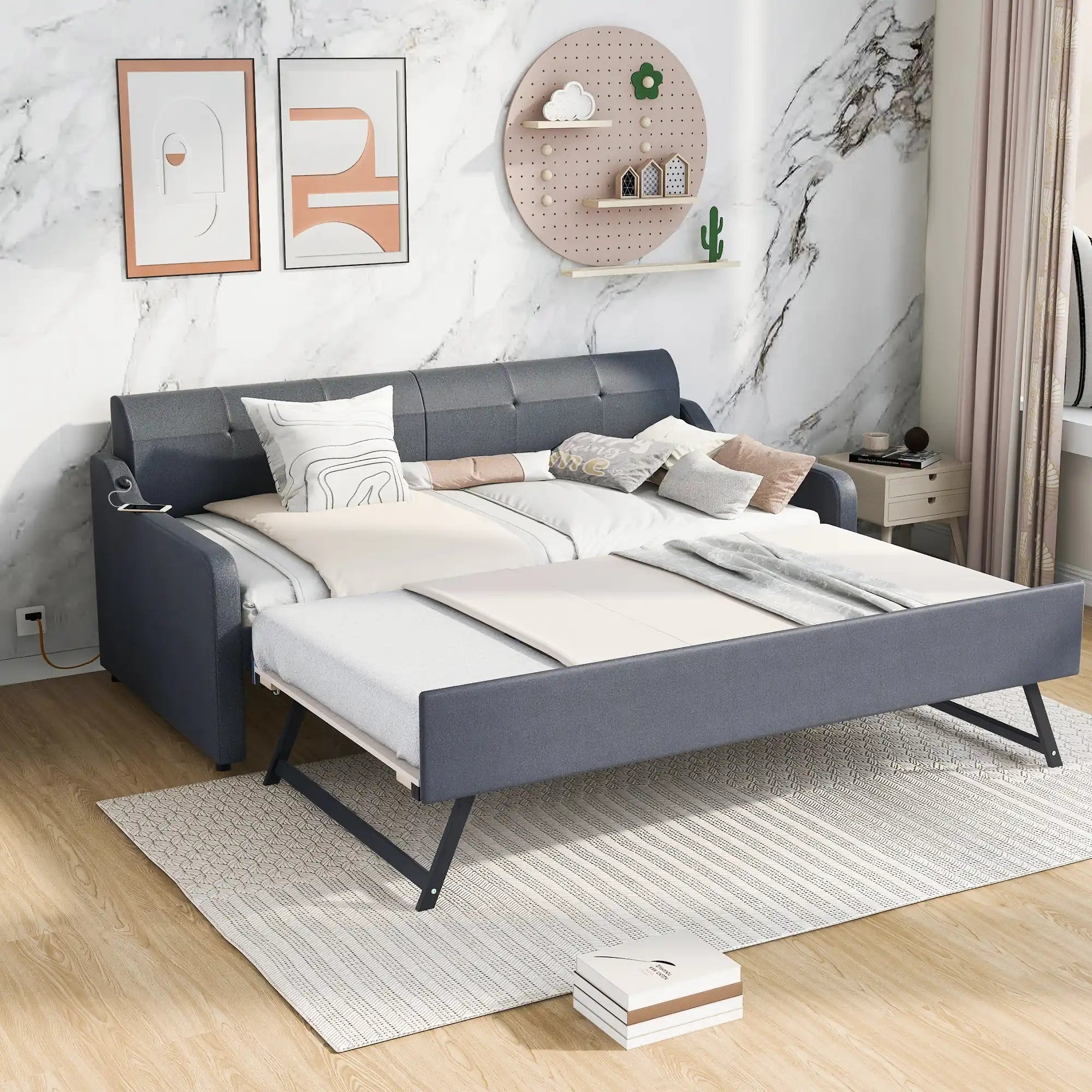 Twin Bed Frame for Home Improvement Upholstered with Trundle Gray