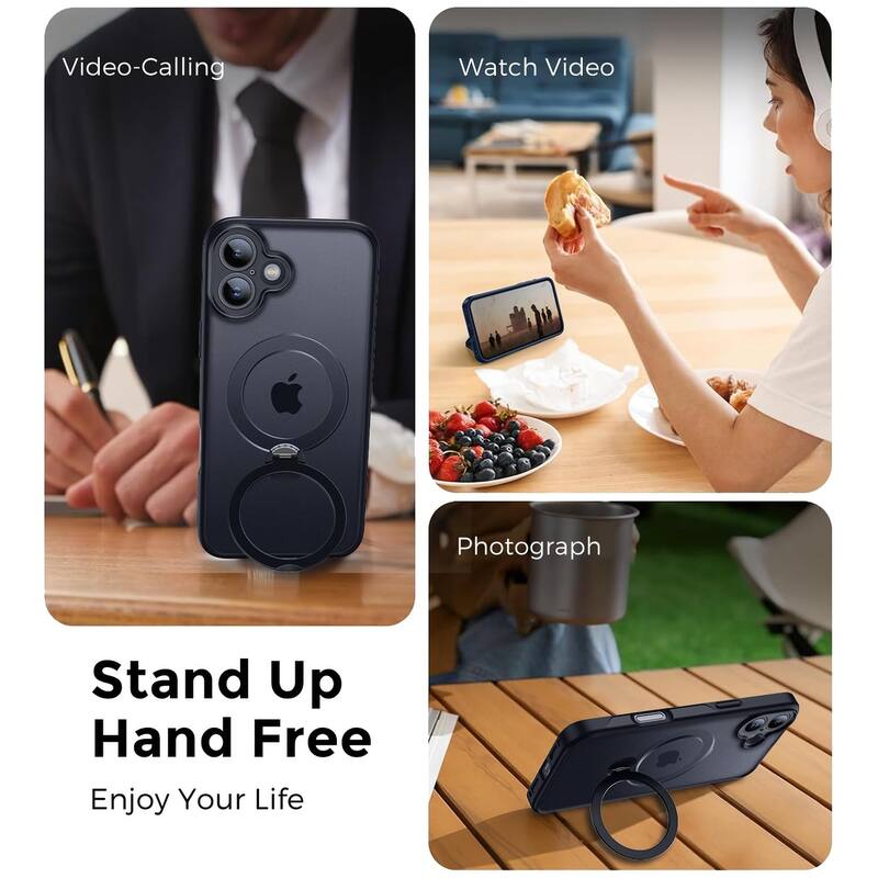 iPhone 16 360° Adjustable Stand Compatible with MagSafe, Translucent Cover with Magnetic Ring Case Non-Slip and Shockproof