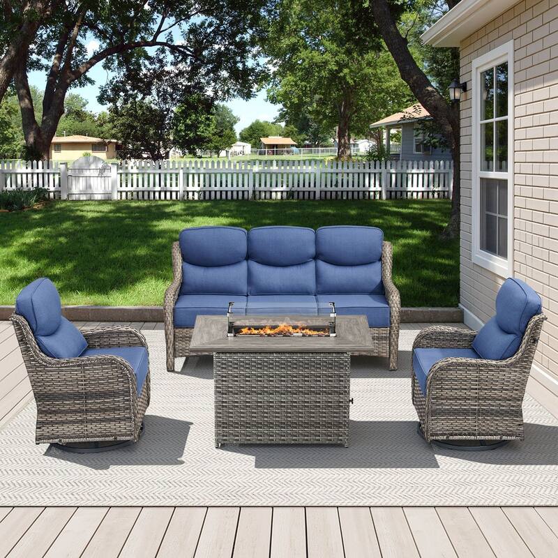 Arcadia 5-Piece Patio Conversation Set with 4 Swivel Glider Chairs and Wicker Fire Pit