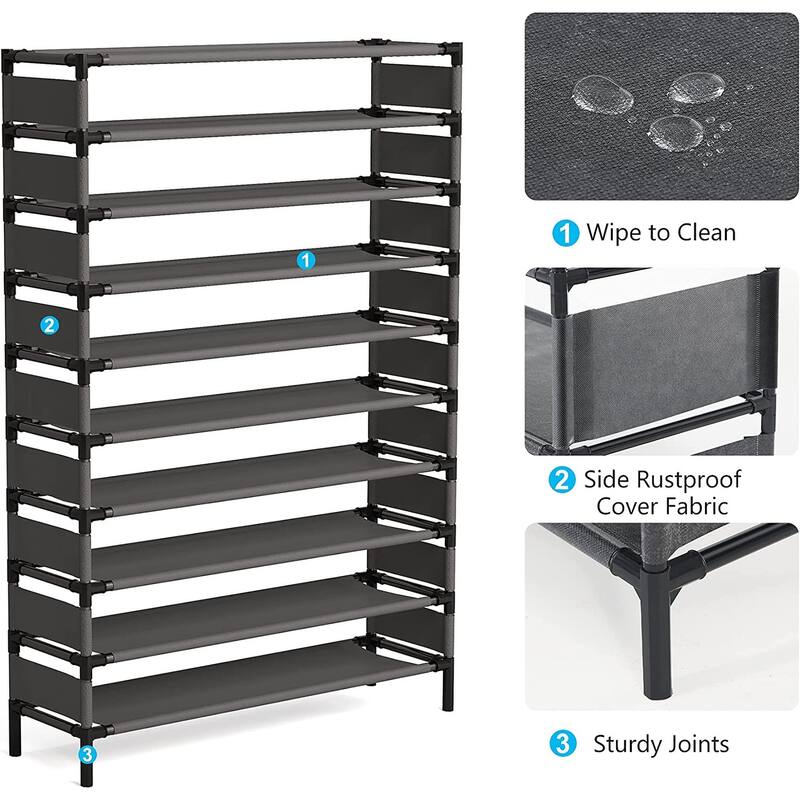 10 Tiers Shoe Rack, Large Capacity Shoe Organizer, Shoe Shelf for 50 Pair, Metal Shoe Rack, Tall Shoe Shelf - 10-tier