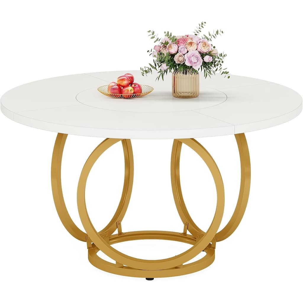 Round Dining Table for 4 to 6 People White MDF Tabletop with Gold Steel Base Modern Minimalist Design