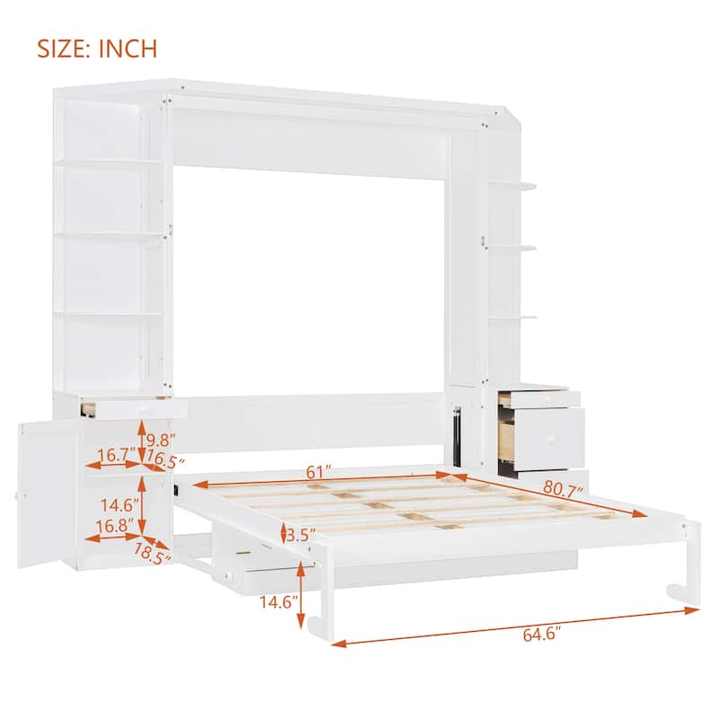 Queen Size Murphy Bed Wall Bed with Hidden Foldout Workstation, Side Open Shelves, Storage Cabinet and Drawers